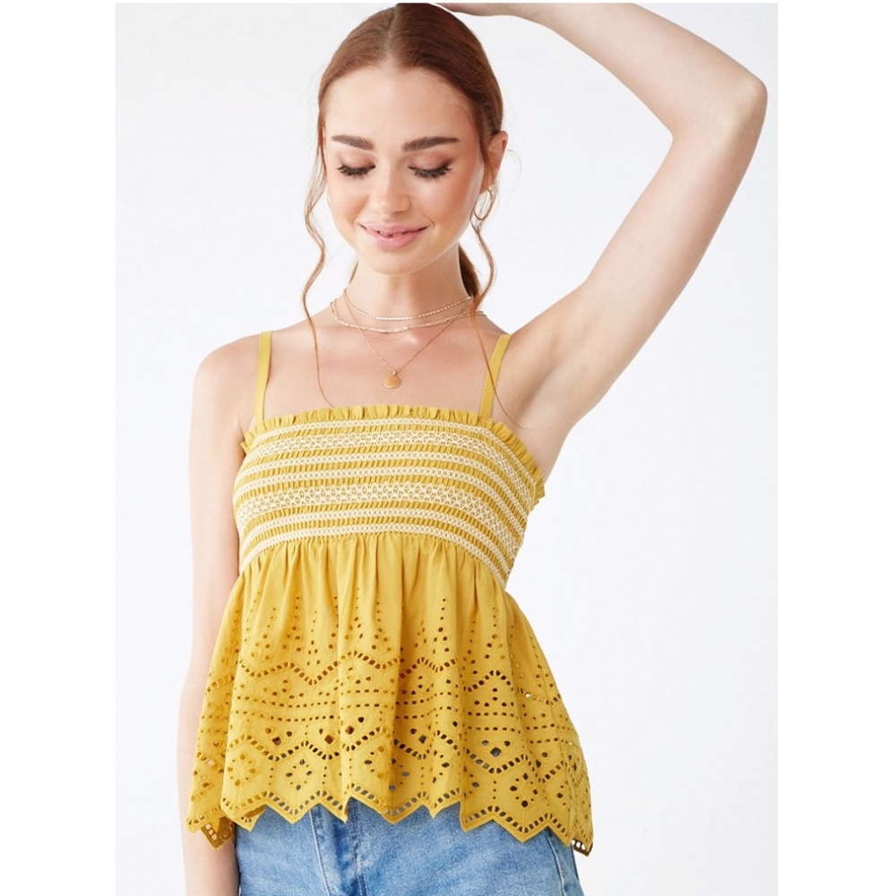Forever 21 mustard and white eyelet tank top